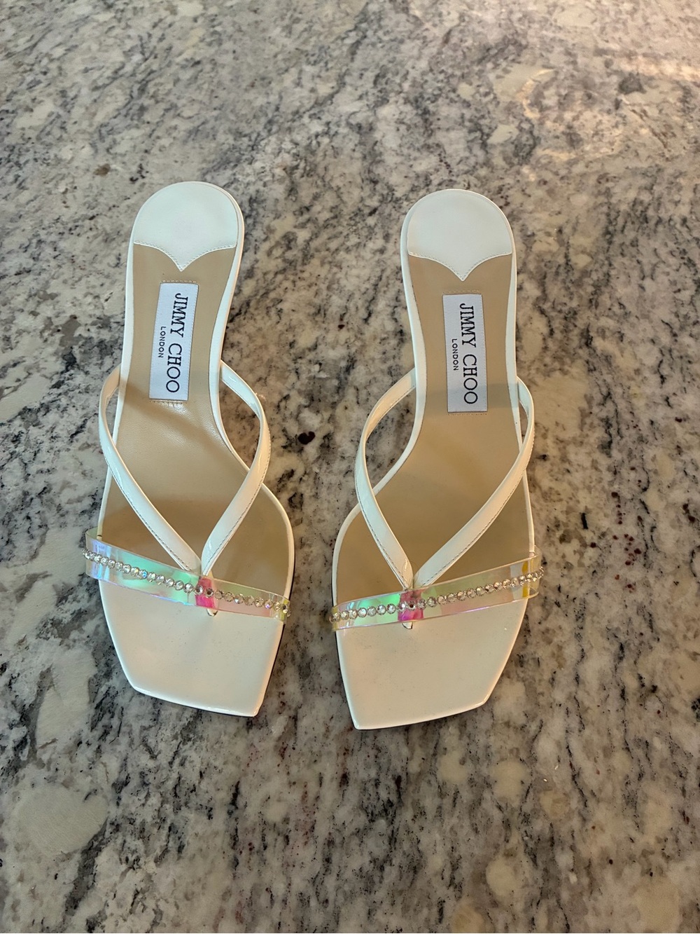 Jimmy Choo White Iridescent Crystal-Strap Slide Sandals